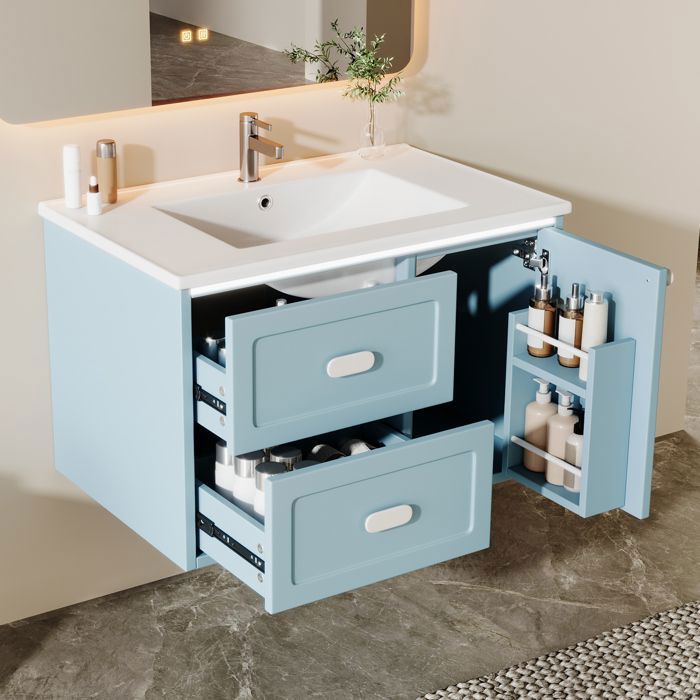Meuble vasque suspendu - ZEMINPEOEL - 76x46x51 cm bleu laqué vasque céramique LED à capteur radar 2 tiroirs