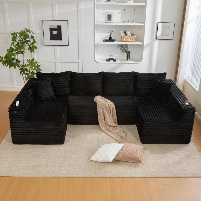 Canapé en U - KOMHTOM - Modèle 320x155x88 cm - Velours côtelé - 6 coussins - Porte-gobelets & poches Canapé en U - KOMHTOM - Modèle 320x155x88 cm - Velours côtelé - 6 coussins - Porte-gobelets & poches