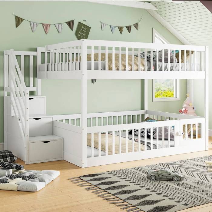 Lit superposé enfant en bois blanc avec escalier de rangement tiroirs et barrières sans matelas