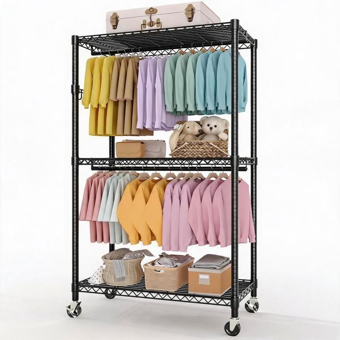 VFCLAR Portant à vêtements robuste 3 niveaux sur roulettes – Étagères réglables Rangement vertical pour chambre dressing