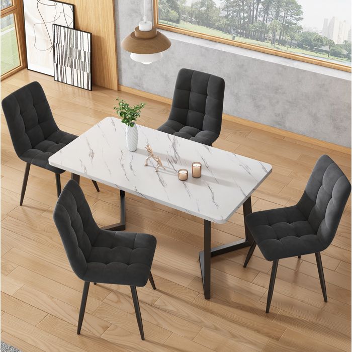 Table à manger rectangulaire 117 x 68 cm effet marbre MDF avec pieds métalliques noir et blanc moderne TYNQER