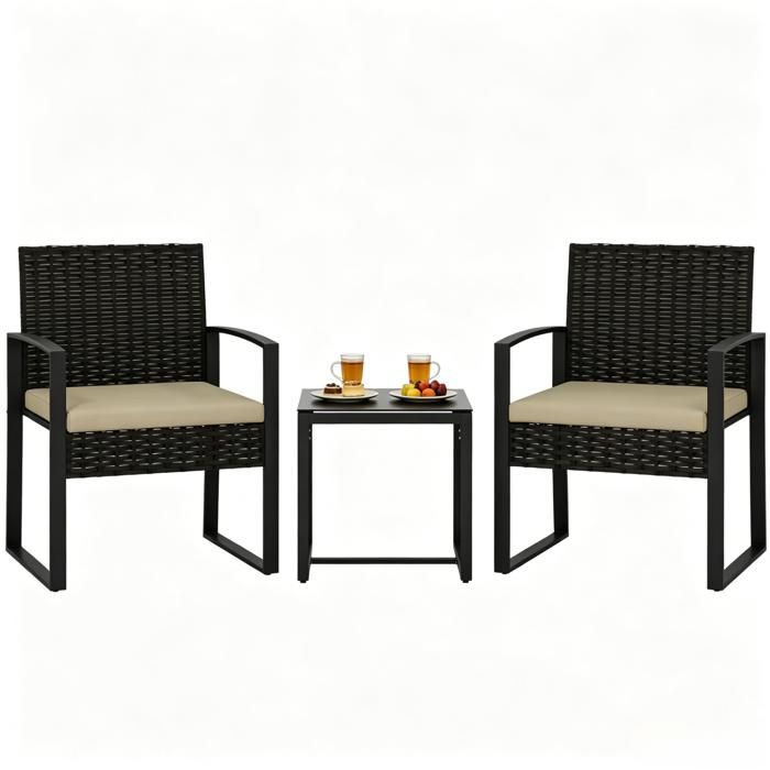Ensemble de jardin compact 2 personnes 1 table 2 chaises résine tressée plateau en verre coussins