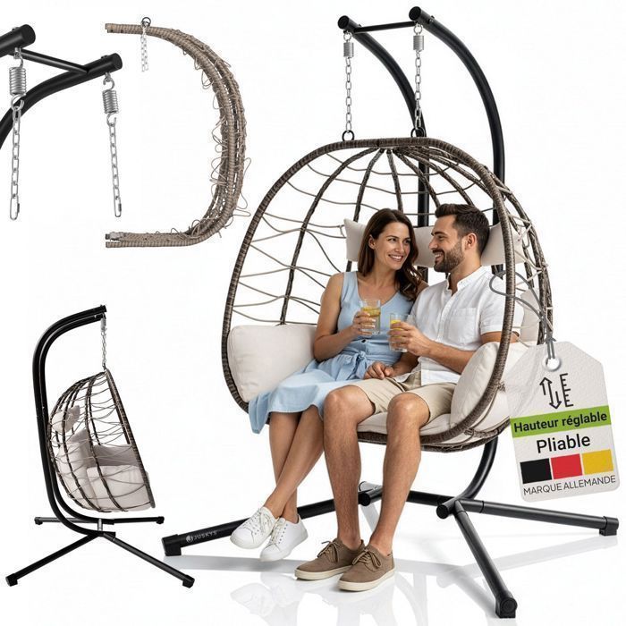 Fauteuil suspendu double Juskys en polyrotin beige – XXL – 2 personnes – Support inclus – Charge 220 kg
