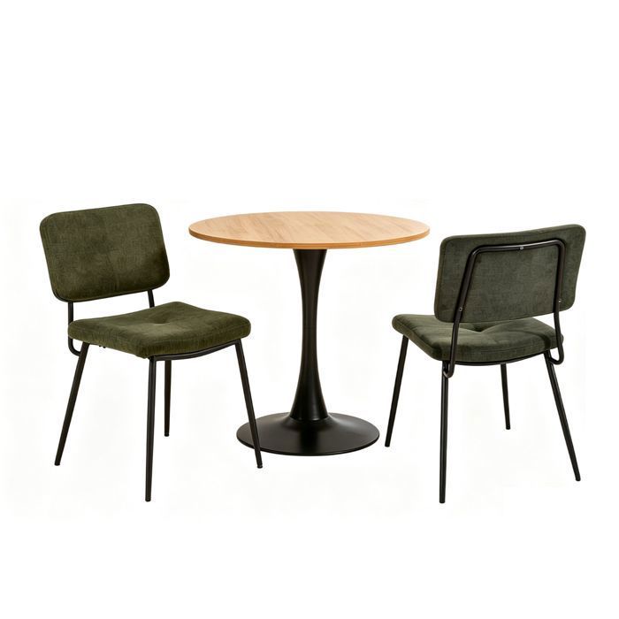 MEUBLES COSY Ensemble de salle à manger de style scandinave composé dune table ronde en chêne et de 2 chaises en tissu vert