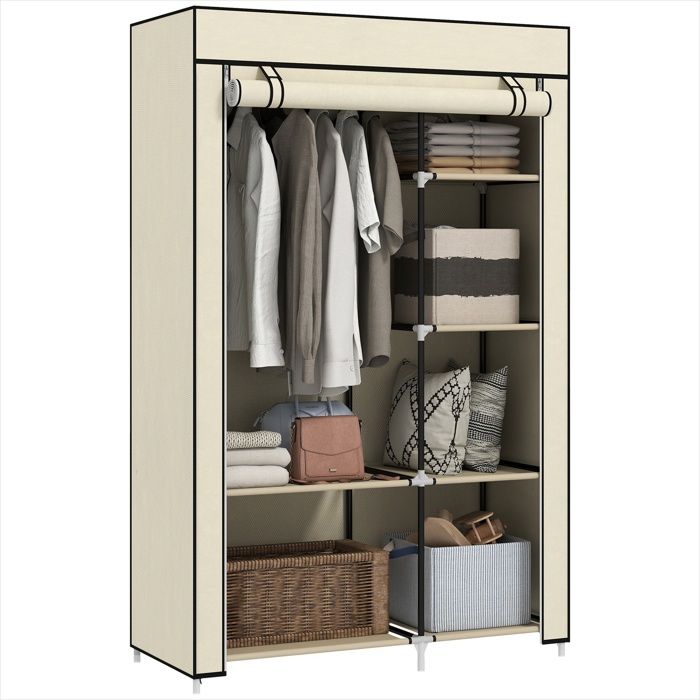 Armoire penderie en tissu crème avec tringle et 6 étagères 103x43x162 5 cm - Crème Acier 103 x 43 x 162.5 cm Ref QKIUKU
