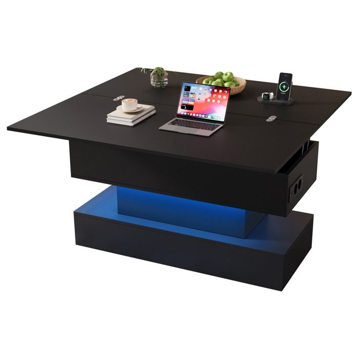 Table basse relevable LED avec rangement et prise intégrée 100 x 50 x 51 5 cm noire en panneaux de particules TYNQER