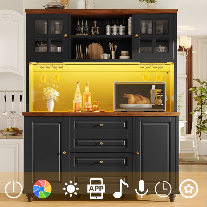 ROVRYN Buffet haut de cuisine noir 140 x 40 x 179 5 cm avec LED RGB 4 tiroirs et porte-verres