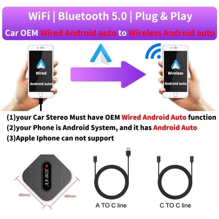 Navigation de voiture pour Android / Apple Carplay Module Bluetooth sans fil  Adaptateur Carplay USB pour téléphone intelligent automatique (noir)