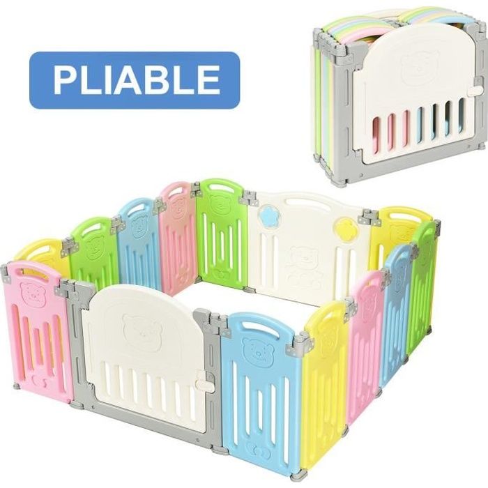 COSTWAY Parc Bébé en Plastique 14 Éléments avec Panneaux d’Activité et  Porte Barrière Sécurité Enfant Pliable Multicolore