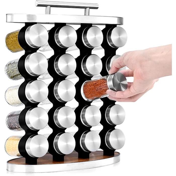 Organisateur à Épices Rotatif 360° Avec 20 Pots En Verre - Support Bambou Et Inox