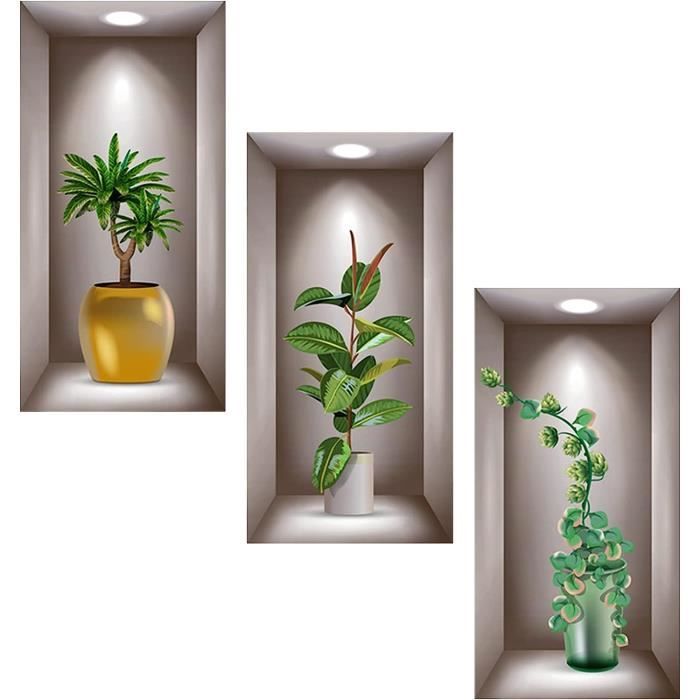 Sticker Muraux 3D Plante de Salon,Autocollant Mural Plante,Stickers Mural  3D Vase,Décoration Murale 3D Autocollant Plante