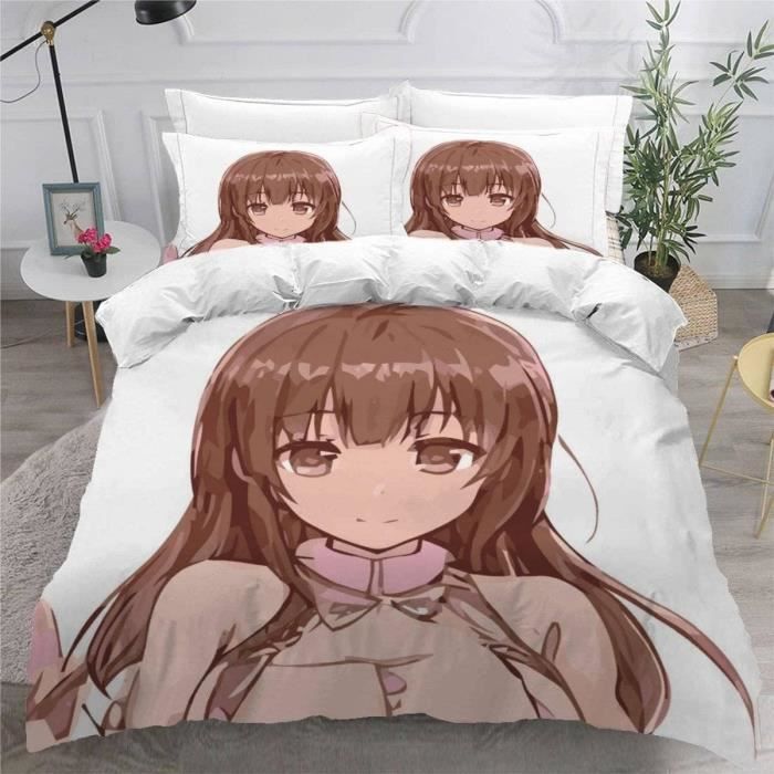 Housse De Couette Manga Fille 220x240 Cm + 2 Taies 65x65 Cm - Microfibre Douce - Fermeture éclair Et Attaches