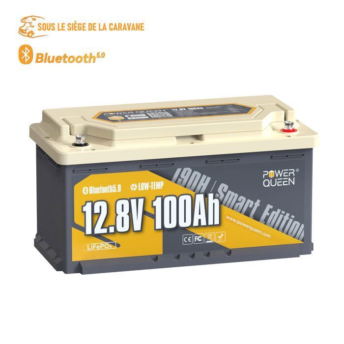 Power Queen LiFePO4 Batterie -12V 100Ah Bluetooth Hauteur 188mm -BMS 100A à basse Température -L358*P177mm*H188mm