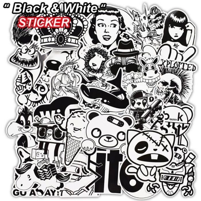 50 autocollants stickers Noir et Blanc fun pour smartphone, auto,  ordinateur, casque, skate. …