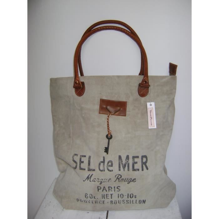 SAC CABAS TOILE VINTAGE BEIGE SEL DE MER ANSES CUIR Achat