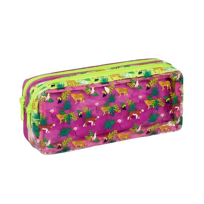 Viquel Exotic Astuccio 2 Scomparti Rosa Con Pappagallo - Portapenne Scuola E Ufficio, In Poliestere, 22x9x6 Cm, Chiusura Lampo