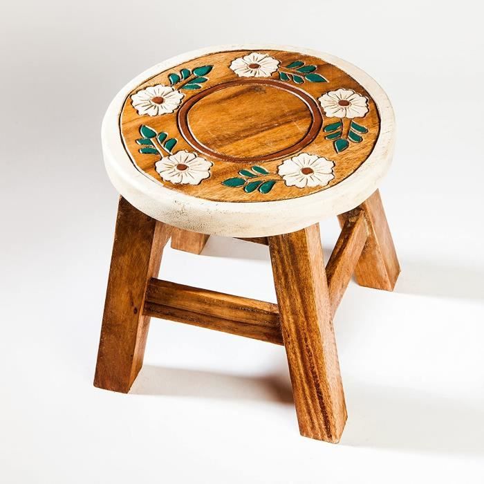 Tabouret Enfant Bois Massif - Motif Mouton - Hauteur Assise 25cm - Fait Main - Déco