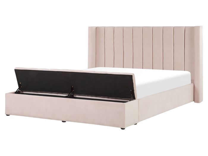 Lit double en velours rose pastel avec banc coffre 160 x 200 cm NOYERS Lit double en velours rose pastel avec banc coffre 160 x 200 cm NOYERS