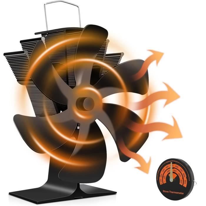 Ventilateur Poele à Bois 6 Pales avec Thermomètre- BLEOSAN - Sur socle - Noir - 165x85x195mm - Bleosan