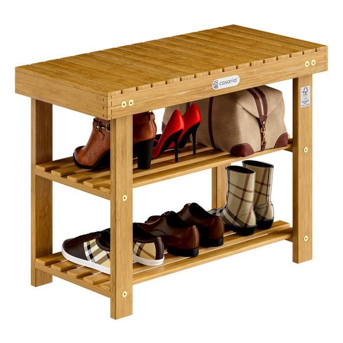 2en1 meuble à chaussures et banc en bois d'acacia dur et robuste 70cm étagère à chaussures 2 tablettes avec banc rangement armoire
