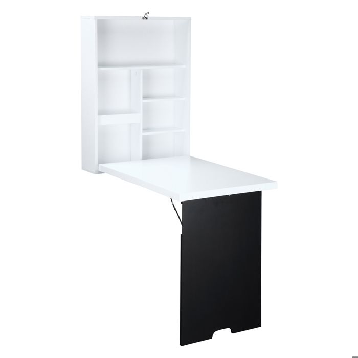 Bureau mural - HOMCOM - pliable table rabattable suspendue étagère tableau craie - MDF - blanc