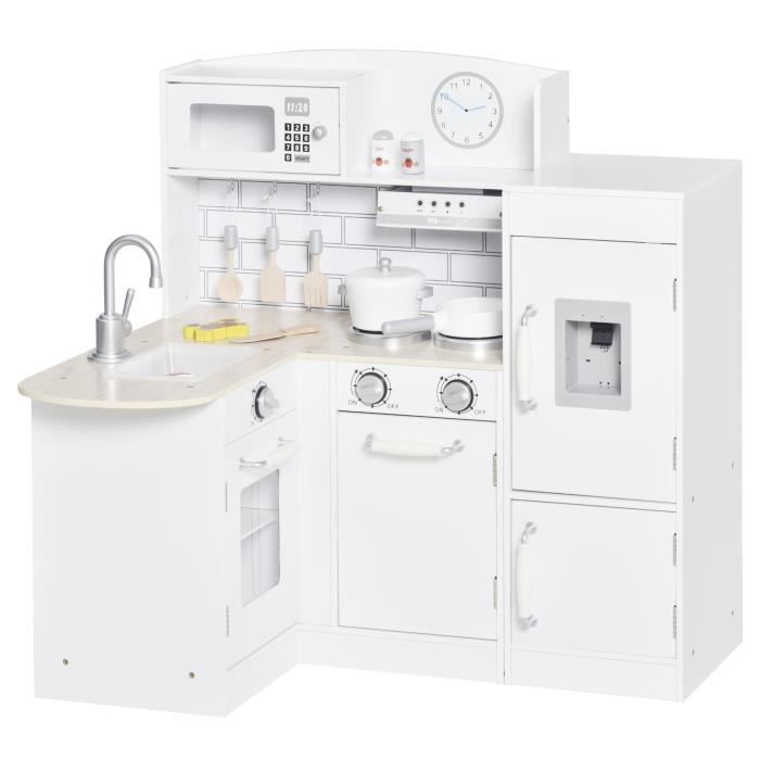 HOMCOM Cuisine pour enfant jeu d'imitation nombreux accessoires rangements  évier réfrigérateur hotte lave-linge gris blanc pas cher 