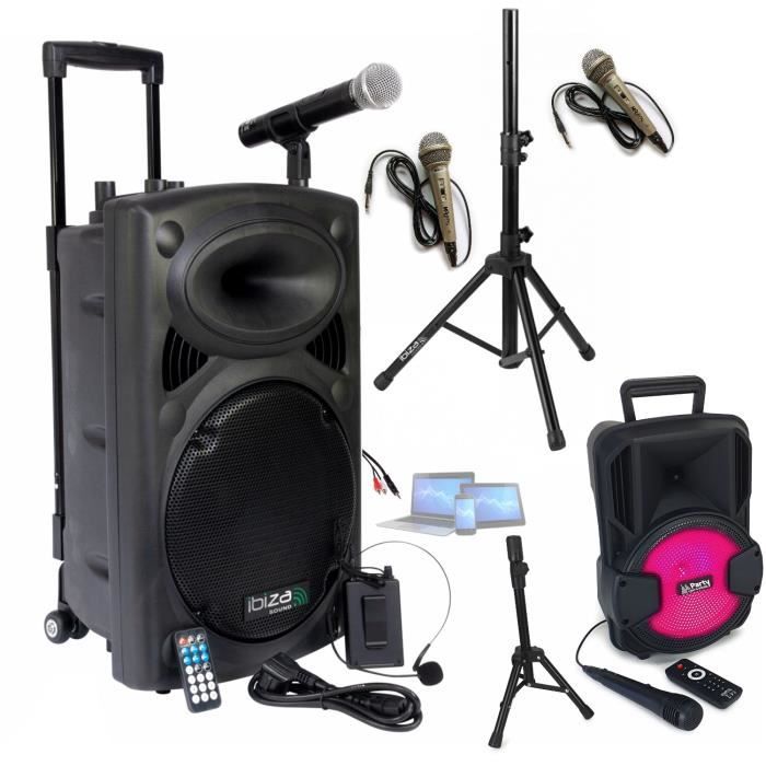 Enceinte Portable Ibiza Sound 500W - Micros Sans Fil VHF, Bluetooth, Batterie, Pied Inclus