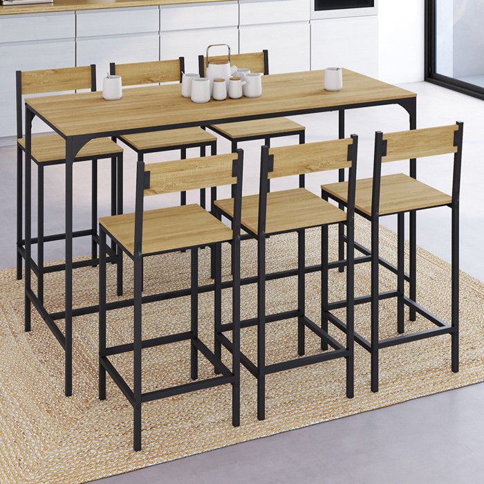IDMARKET Ensemble table haute de bar DETROIT 150 cm et 6 chaises de bar design industriel IDMARKET Ensemble table haute de bar DETROIT 150 cm et 6 chaises de bar design industriel
