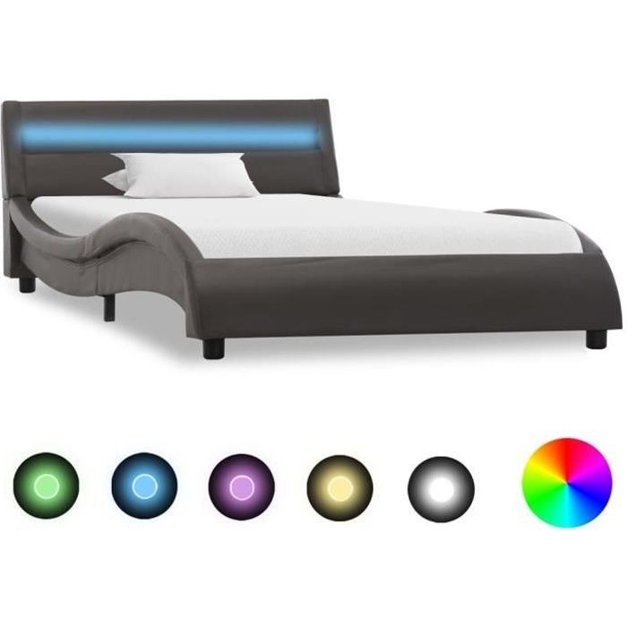 Lit adulte avec LED contemporain - Structure de lit Cadre de lit Gris Similicuir - 90 x 200 cm