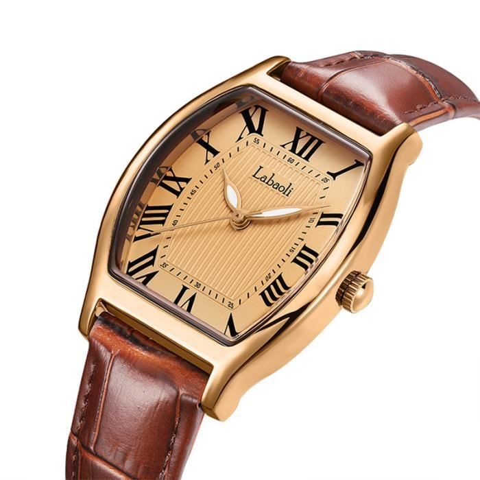 SHARPHY Montre femme le nouveau cadran tonneau lumineux marron mode bracelet en cuir étanche classique