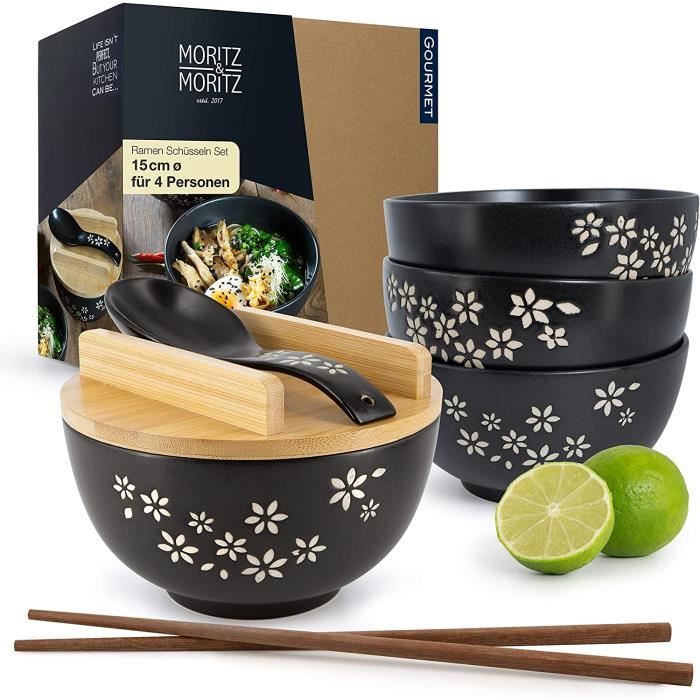 Bol à Ramen Japonais Lot De 2 - 1300ml, Avec Baguettes Et Cuillères, Noir Mélamine - 7