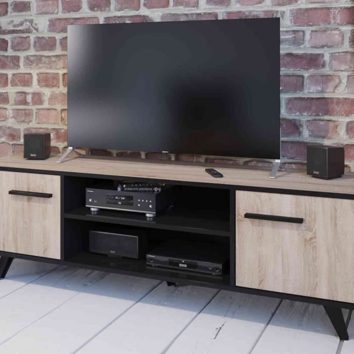 meuble tv en bois chêne brossé et noir mat - tv0003 - naturel - fabriqué en france - terre de nuit