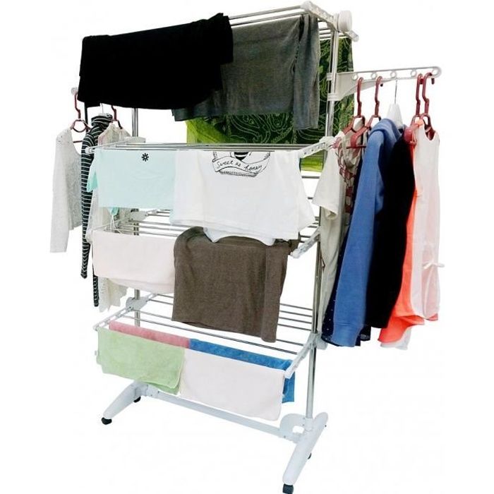 Etendage à Linge Etendoir à Linge 4 étagères Blanc avec ailes Matériau: Tubes en acier inoxydable Etendage à Linge Etendoir à Linge 4 étagères Blanc avec ailes Matériau: Tubes en acier inoxydable
