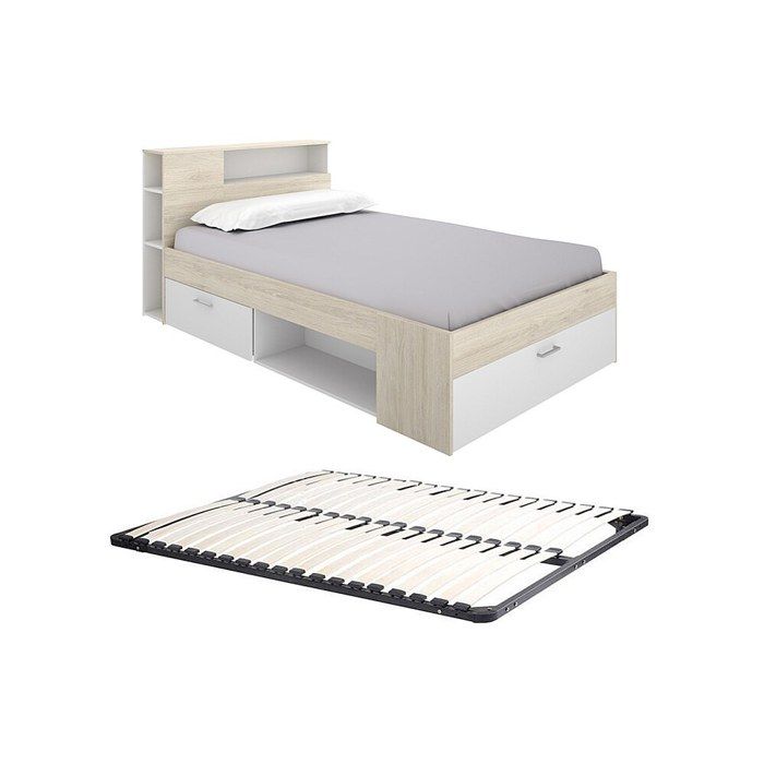 Lit avec tête de lit rangements et tiroir - 120 x 190cm - Coloris : Naturel et blanc + Sommier - LEANDRE