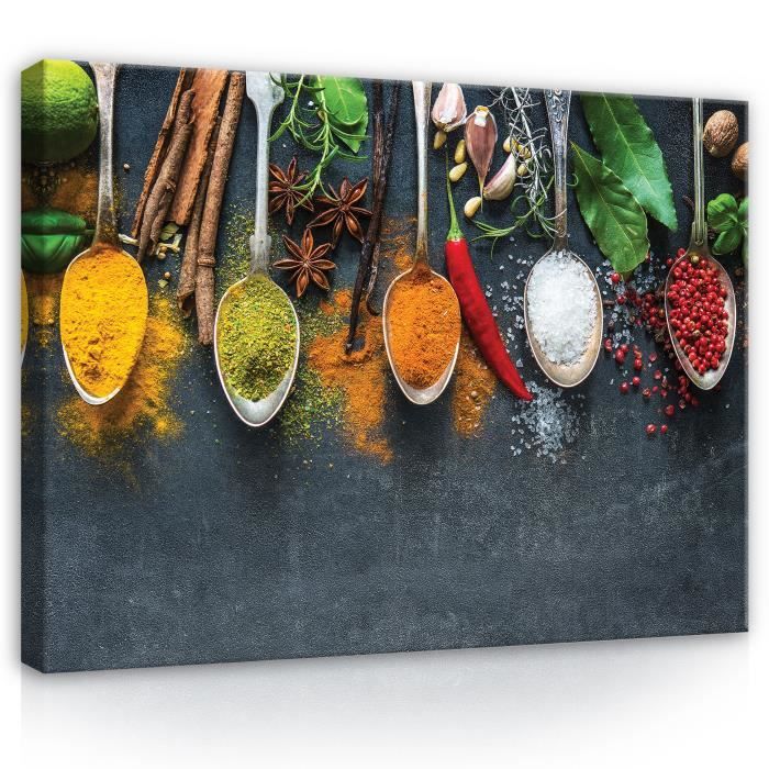 Tableau Sur Toile Épices & Herbes Sur Table Bois - 170x80 Cm 5 Panneaux - Cuisine Moderne - Islandburner