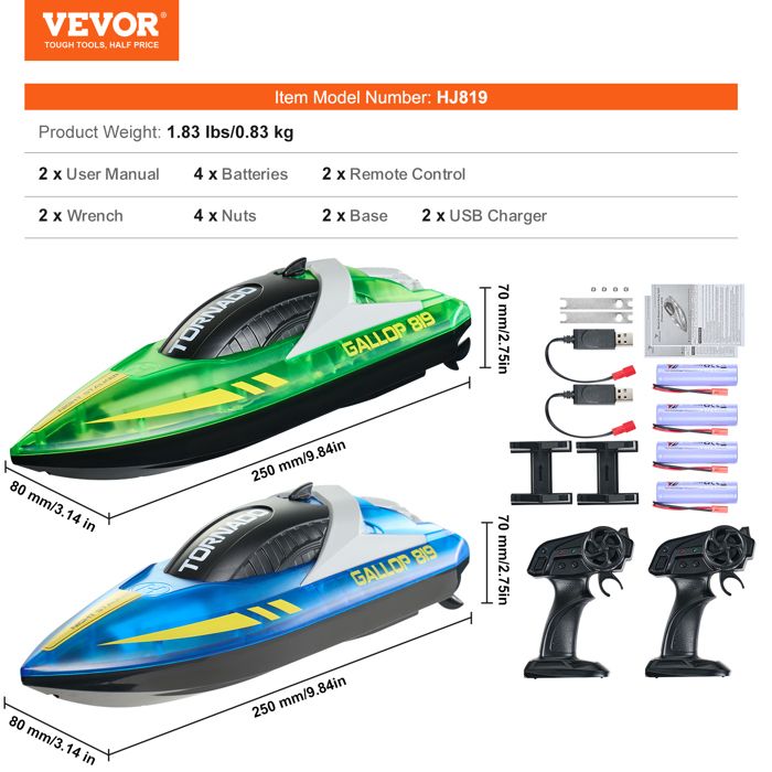 VEVOR – Bateau RC électrique 2.4GHz, Vitesse 12 Km/h, LED, Double Batterie 1200mAh, étanche, Pour Piscine Et Lac