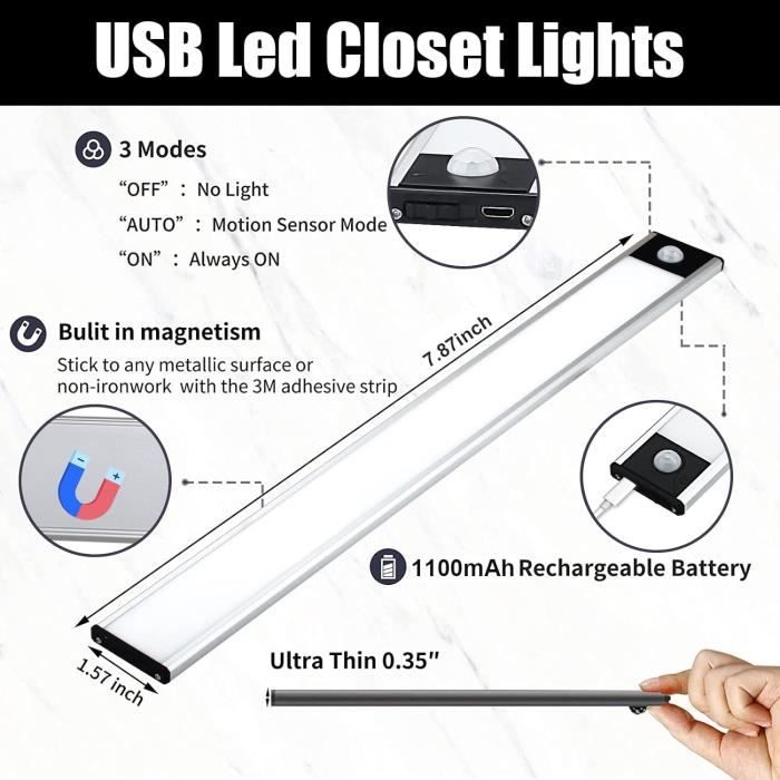 Lumière Placard Détecteur De Mouvement 20CM, Veilleuse LED USB