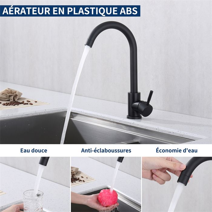 Robinet Mitigeur De Cuisine Oreks, Noir Mat, Rotatif 360°, Pour évier Ou Lavabo