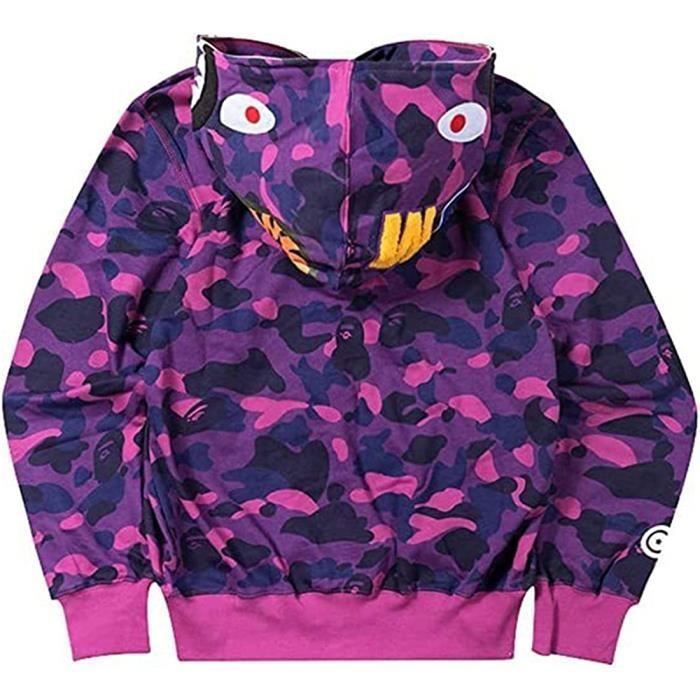 Veste Bape Shark Hoodie Pull Zipper Impression en 3D Sweat a Capuche Homme Femme Enfant Halloween Cadeaux de Noel Sweatshirt Violet
