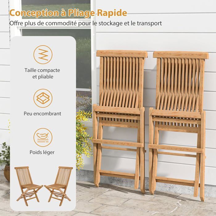 Chaises Pliantes en Bois de Teck - GOPLUS - Lot de 2 - Dossier Haut ...
