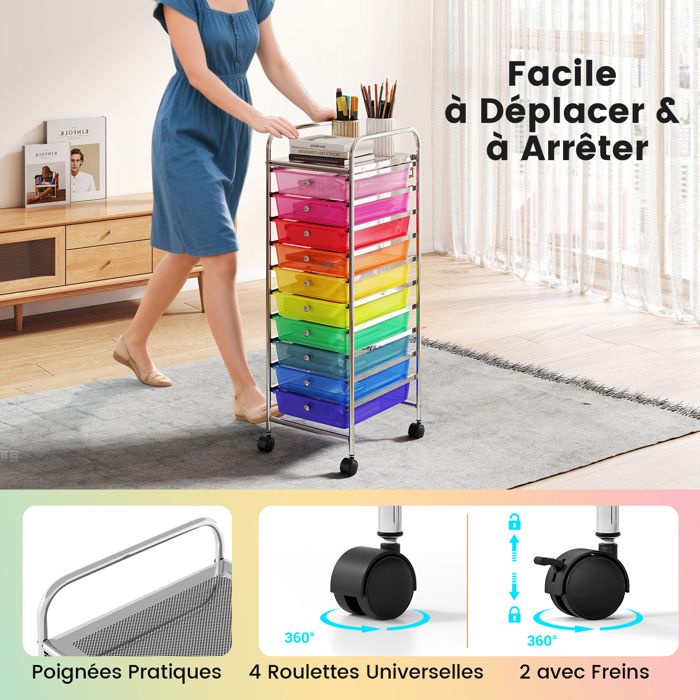 Chariot à roulettes, chariot à roulettes à plusieurs niveaux, chariot de rangement avec roues, chariot de rangement pour livres, organisateur de papeterie pour salle d'étude, chariot roulant pour