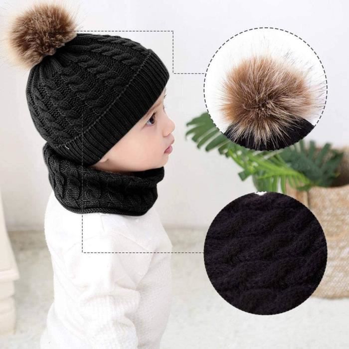 Yutdeng Hiver Bonnet Bébé Fille Hiver Pompom Tricot écharpe Ensemble Bébé  Garçon Bonnet Naissance Chaud Neckwarmer 0-36 Mois