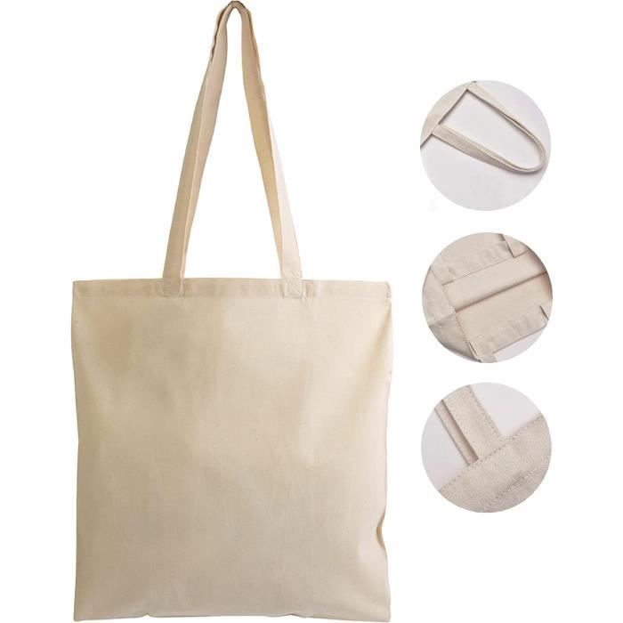 Sac Cabas En Toile De Coton épais 38x42 Cm - Poignées Longues 70 Cm - Écologique & Résistant - Idée Cadeau