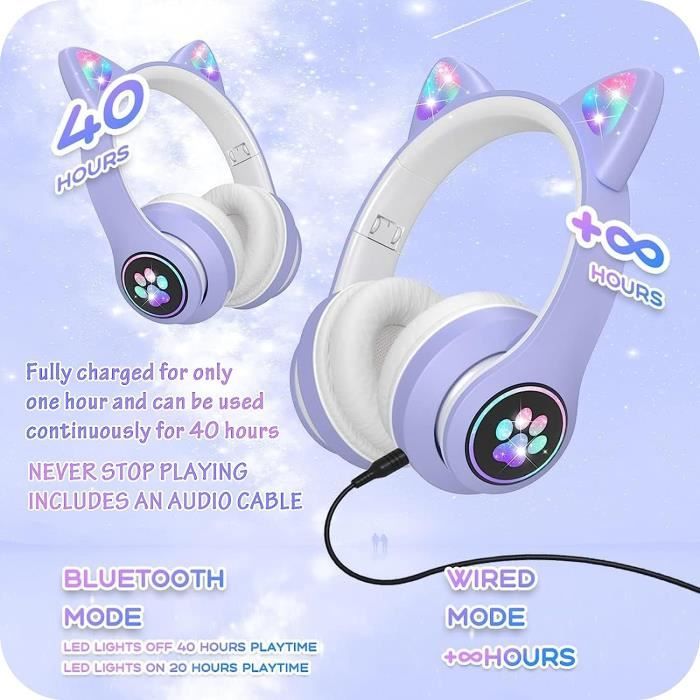 Casque Enfant Bluetooth Audio,Ecouteurs Bluetooth Pliable,5.0 Casque Audio  Stéréo avec Lumières LED/Micro,Micro SD Carte Slot,Son Stéréo Casque Audio