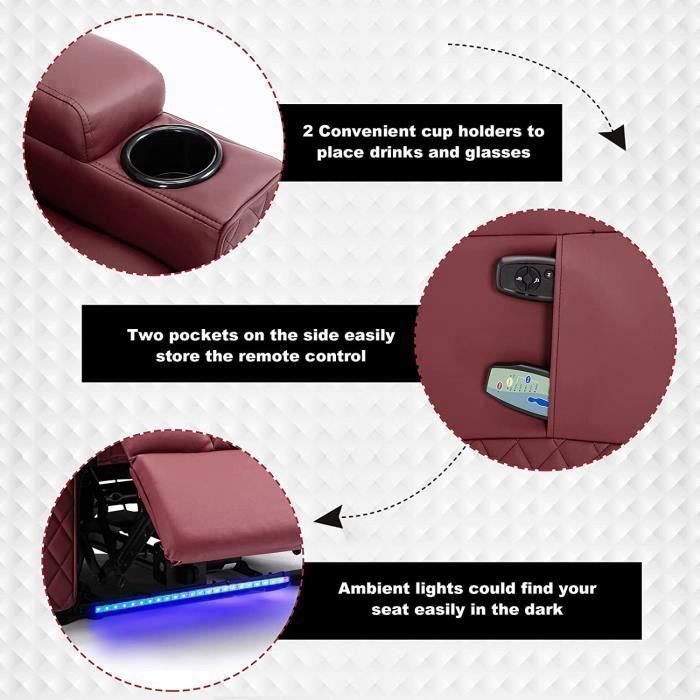 Fauteuil Massage Electrique COMHOMA - LED Intégrée - Inclinable 90-165° - Porte-Gobelets - Rouge