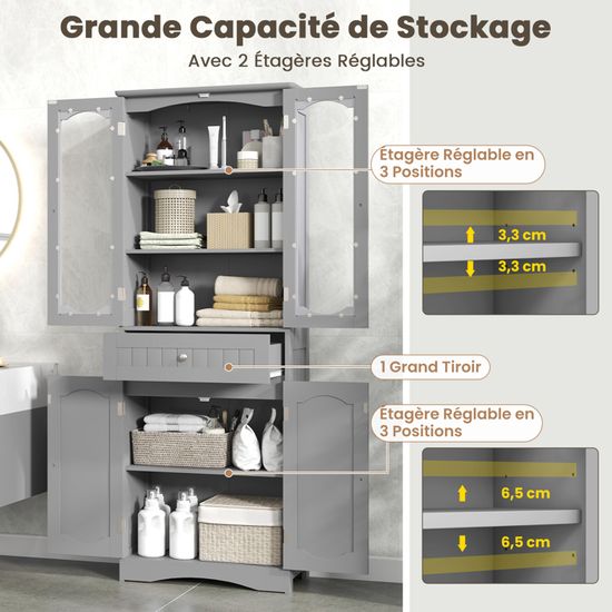 Meuble Colonne Salle De Bain étroit - 20x20x179,5 Cm, 2 Portes, étagères Réglables, Porte-rouleau - Noir, Gain De Place - 6