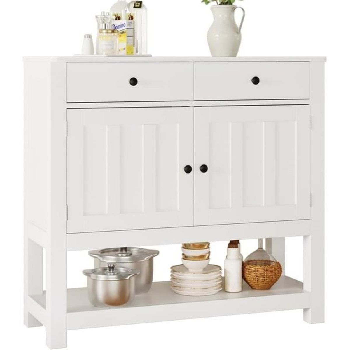 TABLE CONSOLE AVEC 2 Tiroirs Et Etagère En MDF Blanc Et Poignées Dorées