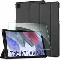 Coque Samsung Galaxy Tab A7 Lite (8,7") 2021 + Verre Trempé Protection, Ultra Mince en Cuir avec Support, Noir