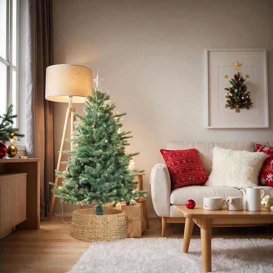 Jupe De Sapin De Noël Artificiel En Tissu Tricoté - Cache-Pied Décoratif Rustique - 72x58 Cm - Pour Déco Salon