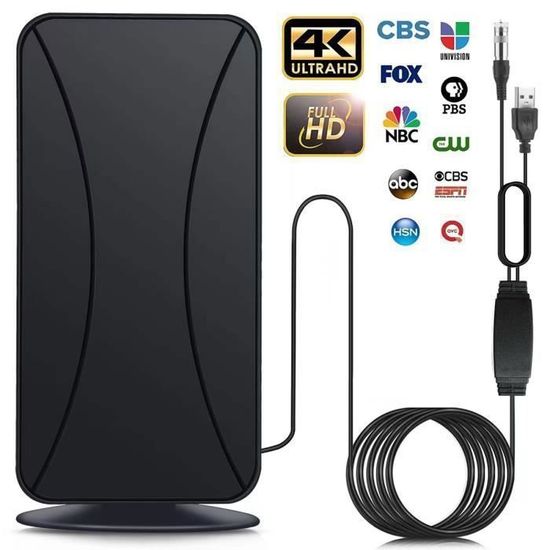 Antenne TV Intérieure 36DBI - Portée 250 Km - Amplificateur Signal Pour TV HD 1080P/4K - Câble Coaxial 3 M - Installation Facile
